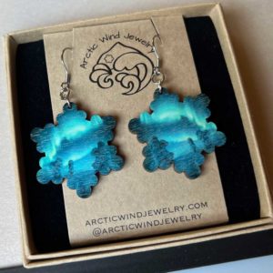 Lapland View with Aurora Borealis in Snowflake Wooden -earrings