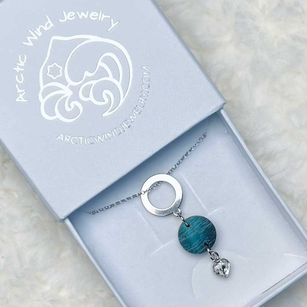 Polar Lights Wooden Sterling Silver 925 with Crystal Heart -necklace brings the magical northern winter and northern lights to you