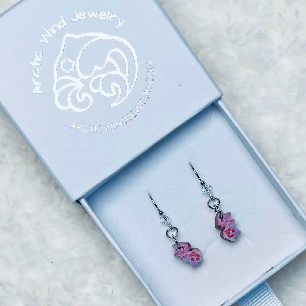 Tiny Arctic Pink Flower Wooden Sterling Silver 925 with Crystal -earrings delight those who wander the fells in the summer.